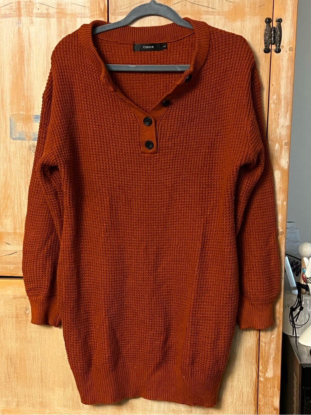Yibock Burnt Orange Waffle-Knit V-Neck Button Sweater